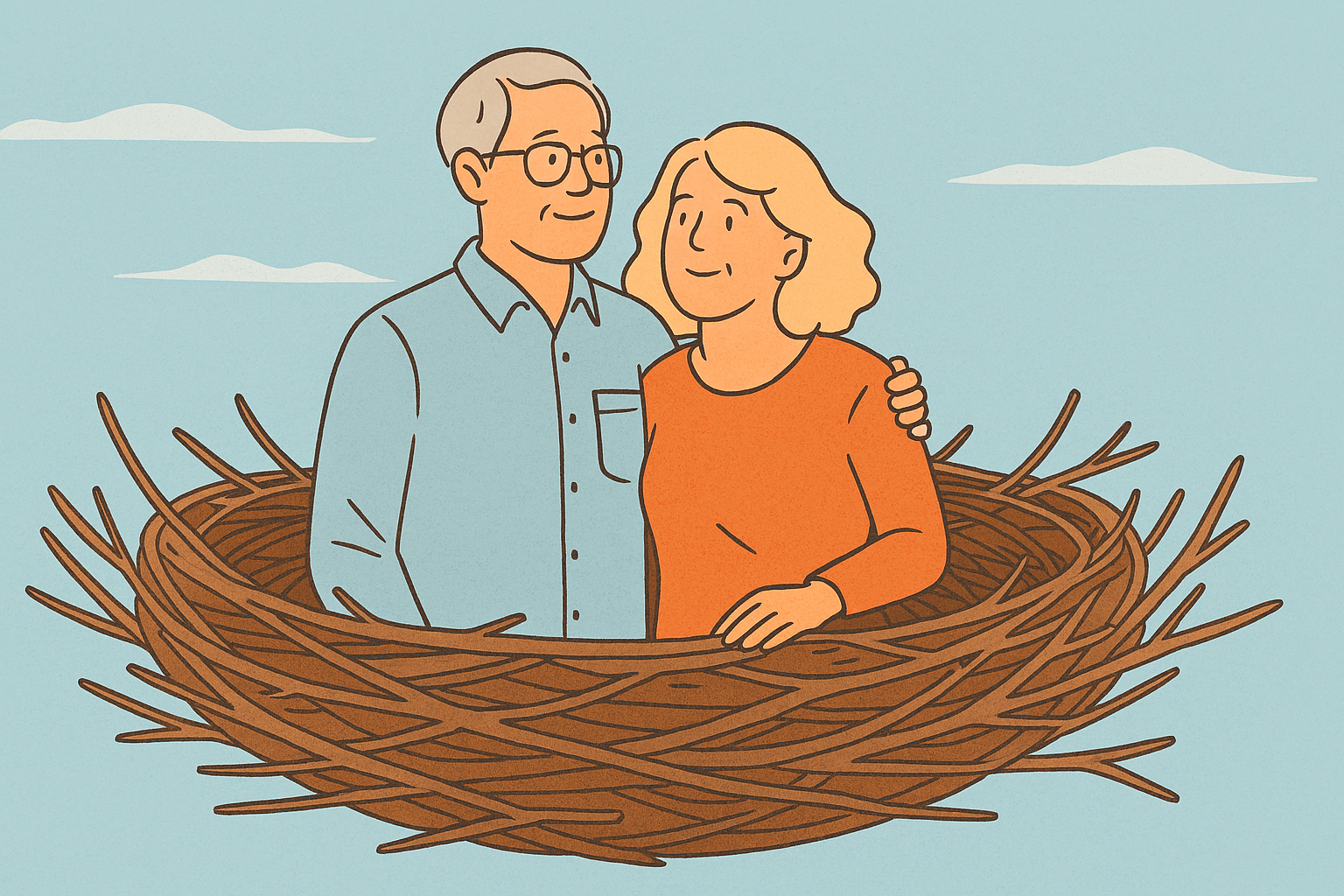 Middle-aged couple standing in an empty bird’s nest under a blue sky, symbolizing the empty nester stage