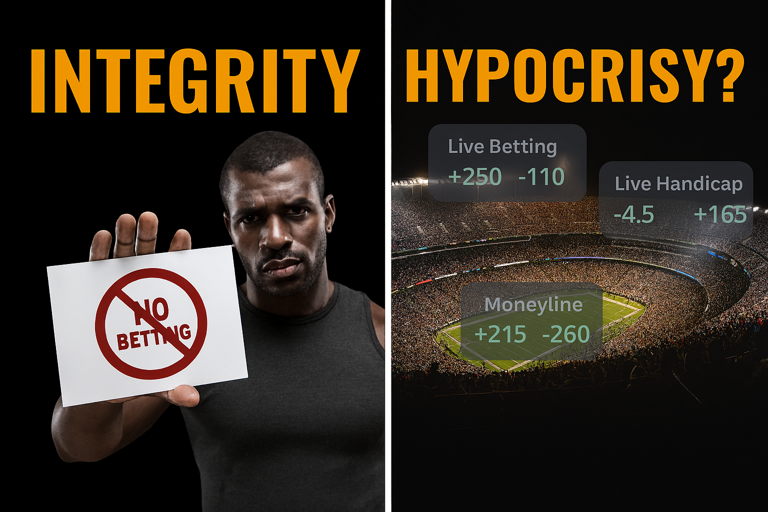 Split-screen graphic illustrating the paradox of sports betting in professional leagues. Left side shows a serious male athlete holding a “NO BETTING” sign under the word “INTEGRITY.” Right side displays a packed stadium overlaid with live betting odds and the word “HYPOCRISY?” above it. Supporting Thomas McCorry article