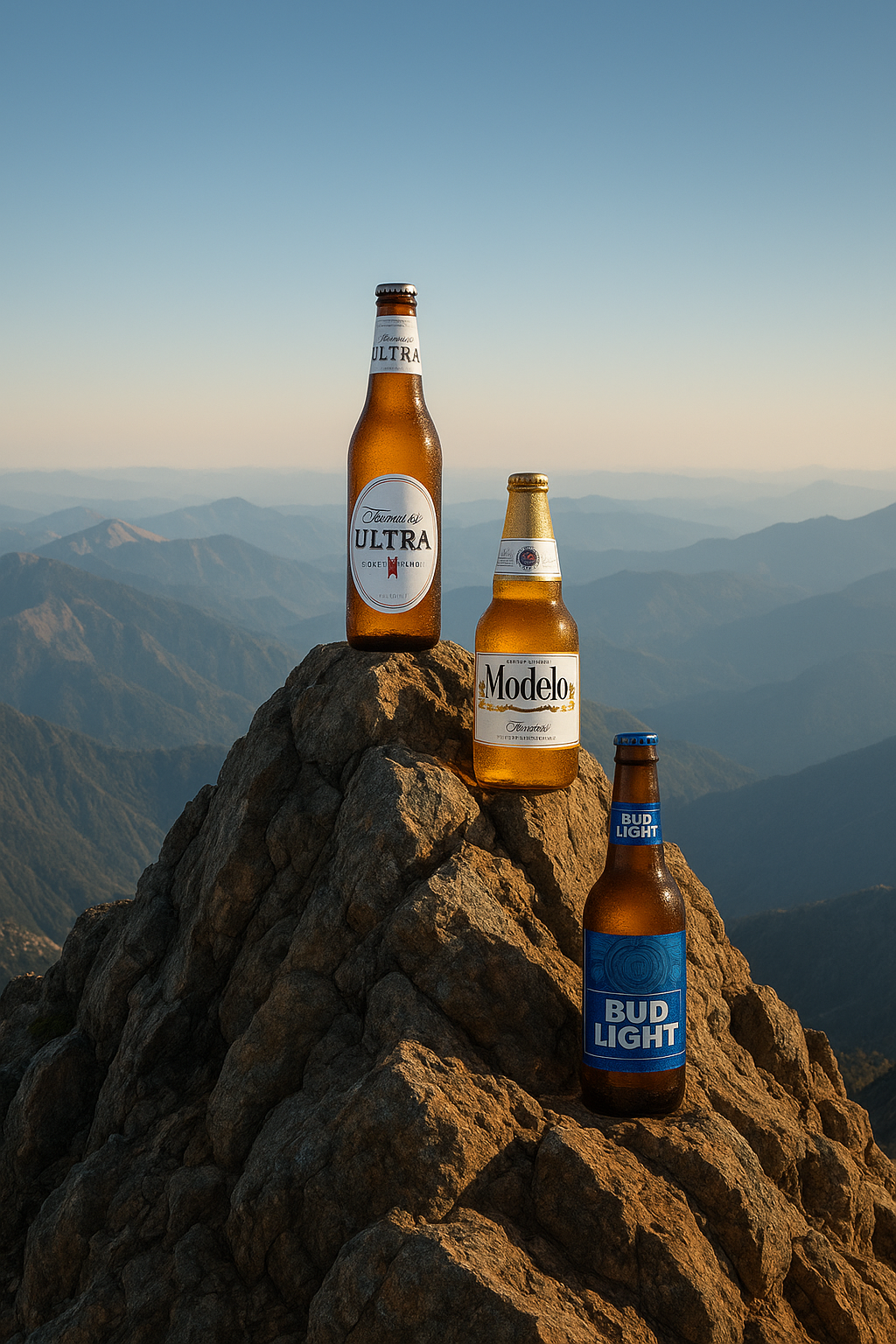 Michelob Ultra, Modelo, and Bud Light beer bottles displayed on a mountain summit, representing brand hierarchy and leadership in the beer market.
