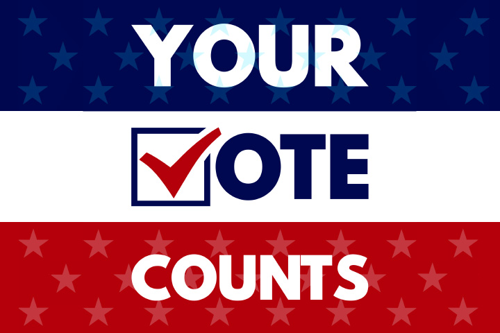 Red white and blue striped flag saying your vote counts