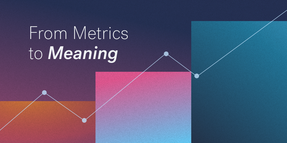 Stylized graphic with colorful bar and line charts on a gradient background, illustrating the concept of turning metrics to meanings