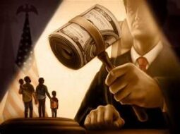 A judge has a gavel towering over a family representing the civil justice gap