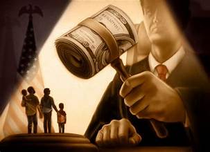 A judge has a gavel towering over a family representing the civil justice gap